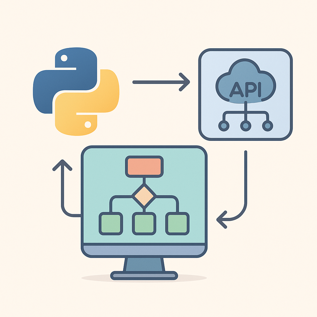 Logo Python relié à une icône API et à un schéma de workflow, symbolisant l’intégration d’API avec Python.