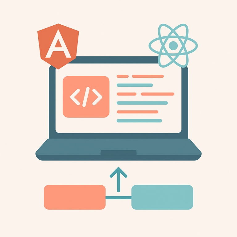 Laptop avec code et symboles de frameworks reliés par des blocs et une flèche, symbolisant la migration vers des frameworks modernes.