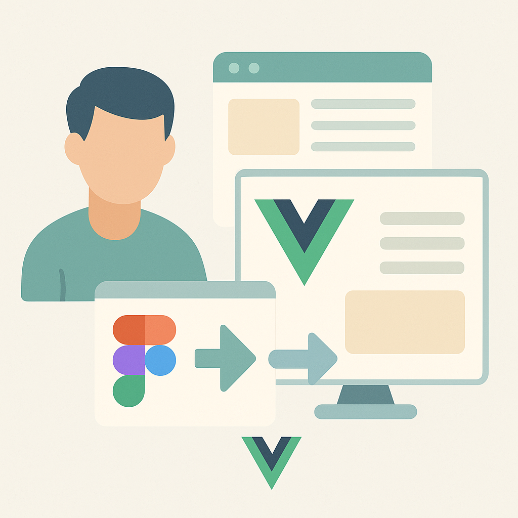 Illustration flat design d’un développeur Vue.js travaillant sur une intégration front-end depuis une maquette Figma.