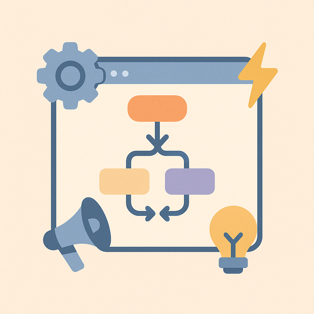 Schéma de workflow et icônes abstraites représentant la création de scénarios automatisés avec Activepieces.