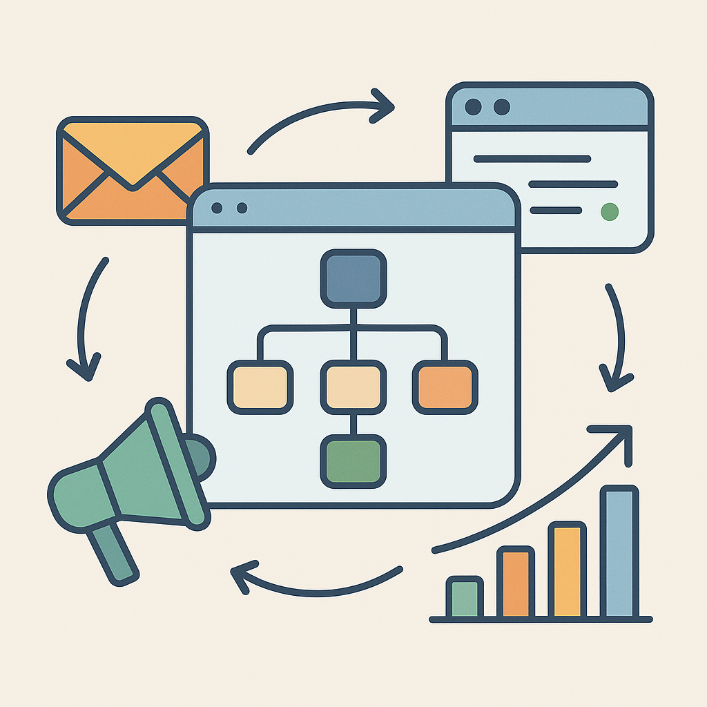 Icônes de workflow, email, marketing et graphique connectés représentant les scénarios automatisés avec Pipedream pour la gestion et le marketing