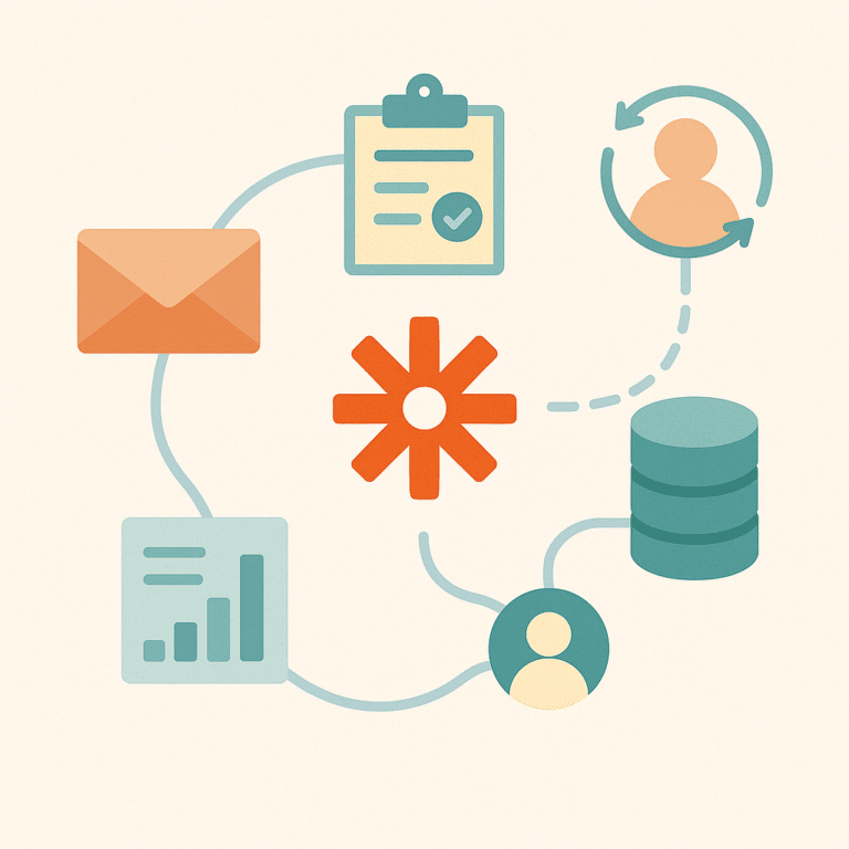 Icônes reliées représentant des scénarios automatisés avec Zapier connectant des outils marketing, CRM et gestion.